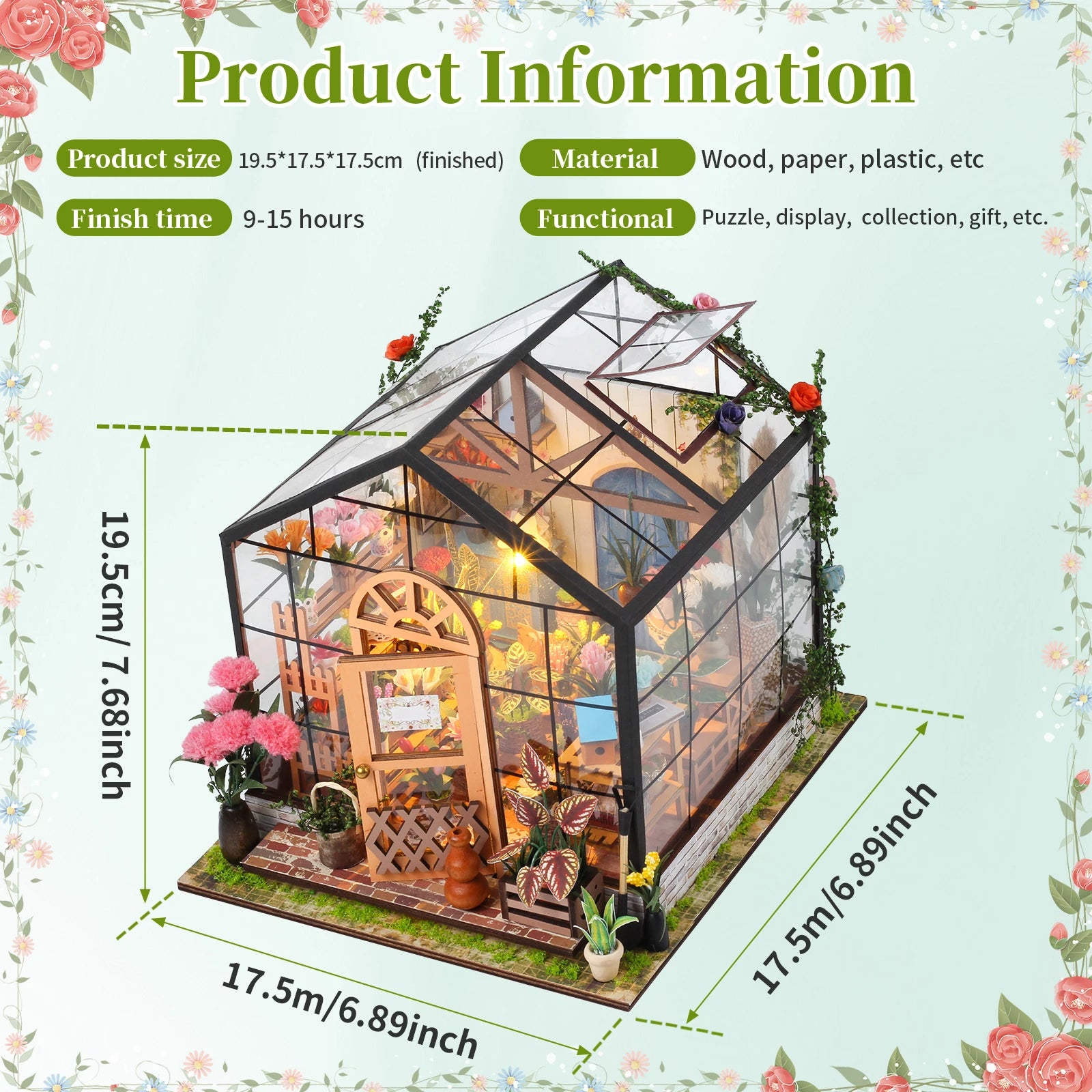 DIY Miniature Garden House Kit with Furniture and LED Light DIY Dollhouse Craft Set Gifts Wooden Greenhouse Model Building Kits