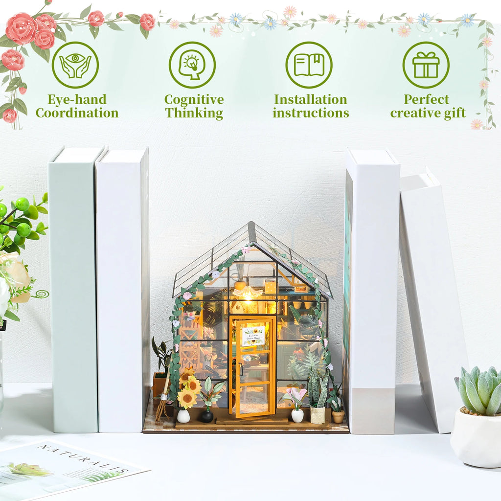 DIY Miniature Garden House Kit with Furniture and LED Light DIY Dollhouse Craft Set Gifts Wooden Greenhouse Model Building Kits