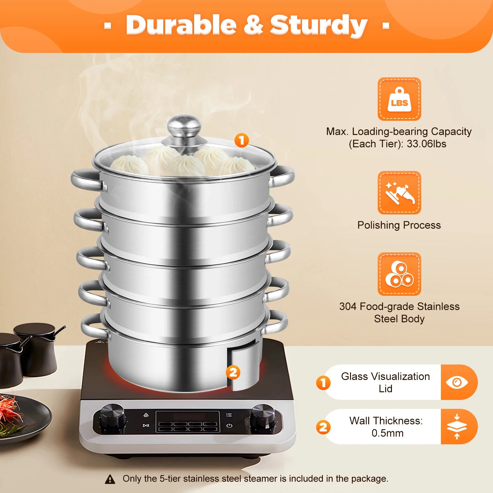 5-Tier Stainless Steel Food Steamer 26cm Meat Vegetable Steamer Pot Kitchen Cookware with Lid
